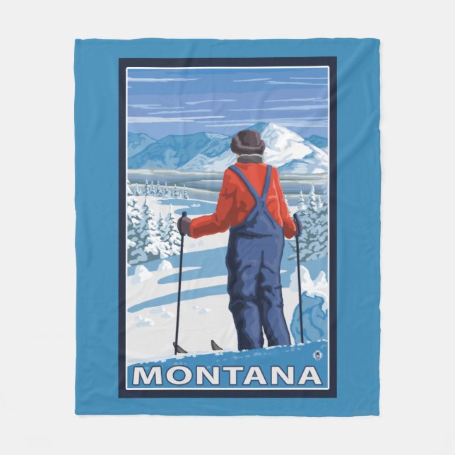 Skier AdmiringMontanaVintage Travel Poster Fleece Blanket (Front)