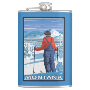 Skier AdmiringMontanaVintage Travel Poster Hip Flask
