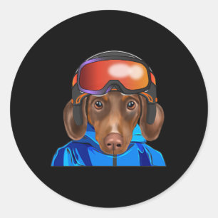 Skier Brown Dachshund Snowboarding Pocket Classic Round Sticker