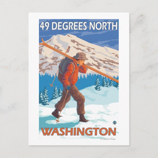 Skier Carrying Snow Skis - 49 Degrees North, Postcard (Front)