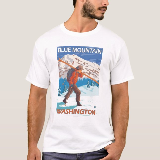 Skier Carrying Snow Skis - Blue Mountain, WA T-Shirt (Front)