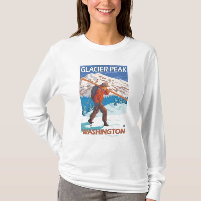 Skier Carrying Snow Skis - Glacier Peak, WA T-Shirt (Front)