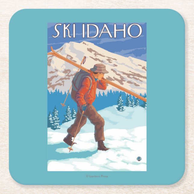 Skier Carrying Snow Skis - Idaho Square Paper Coaster (Front)