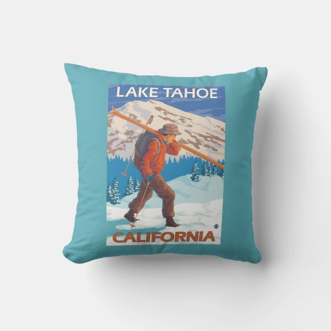 Skier Carrying Snow Skis - Lake Tahoe, Californi Cushion (Front)