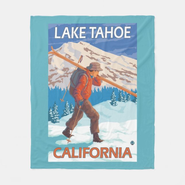Skier Carrying Snow Skis - Lake Tahoe, Californi Fleece Blanket (Front)