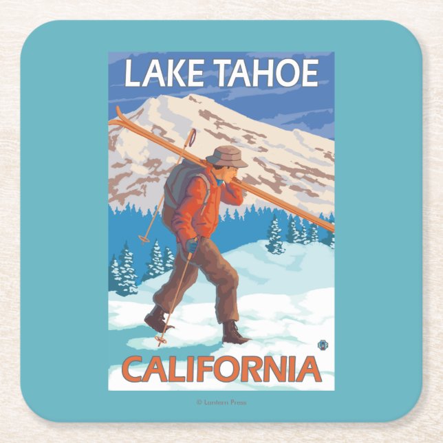 Skier Carrying Snow Skis - Lake Tahoe, Californi Square Paper Coaster (Front)