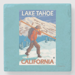 Skier Carrying Snow Skis - Lake Tahoe, Californi Stone Coaster