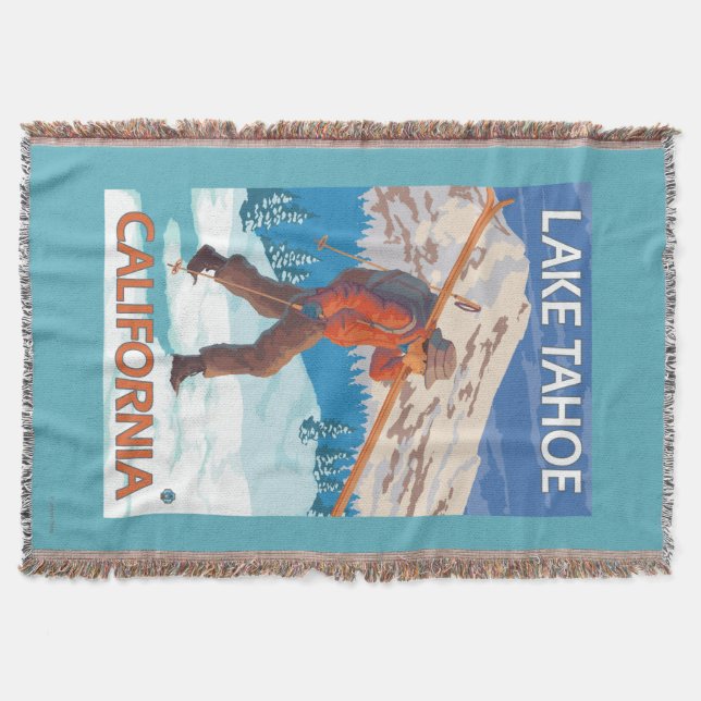 Skier Carrying Snow Skis - Lake Tahoe, Californi Throw Blanket (Front)