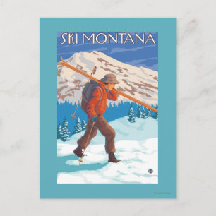 Skier Carrying Snow Skis - Montana Postcard
