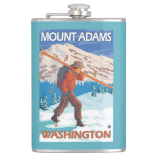 Skier Carrying Snow Skis - Mount Adams, WA Hip Flask