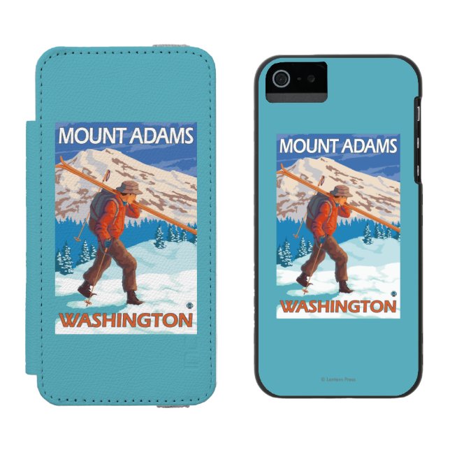 Skier Carrying Snow Skis - Mount Adams, WA Incipio iPhone Wallet Case (Side by Side)