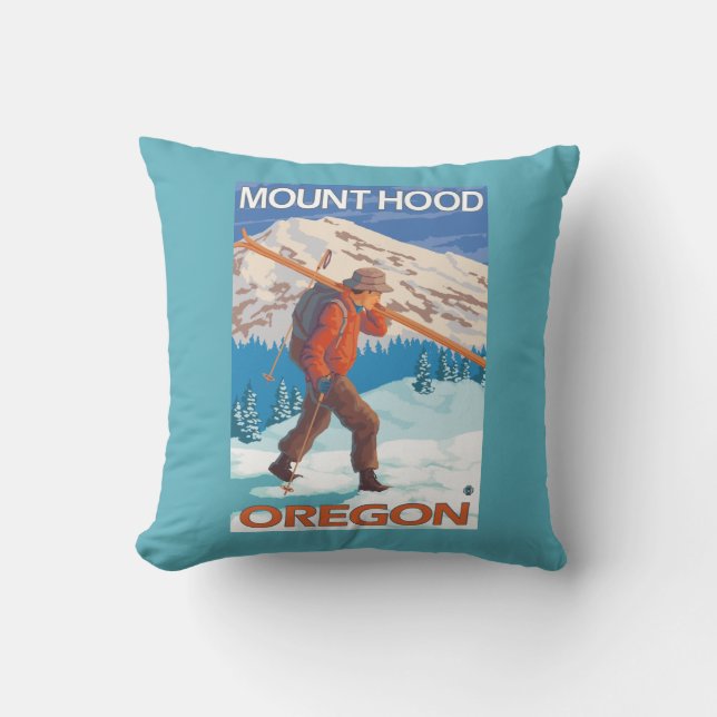 Skier Carrying Snow Skis - Mount Hood, OR Cushion (Front)