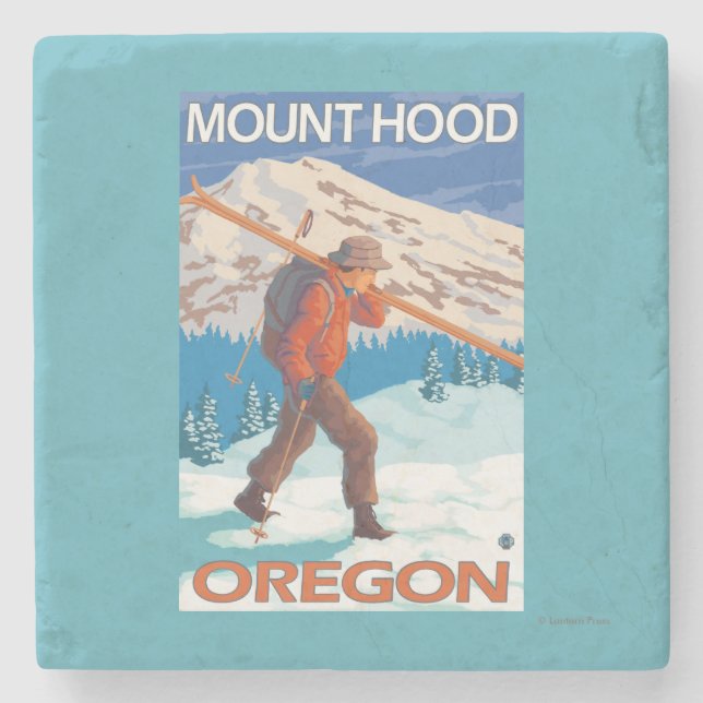 Skier Carrying Snow Skis - Mount Hood, OR Stone Coaster (Front)