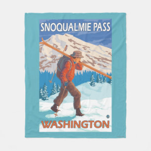 Skier Carrying Snow Skis - Snoqualmie Pass, WA Fleece Blanket
