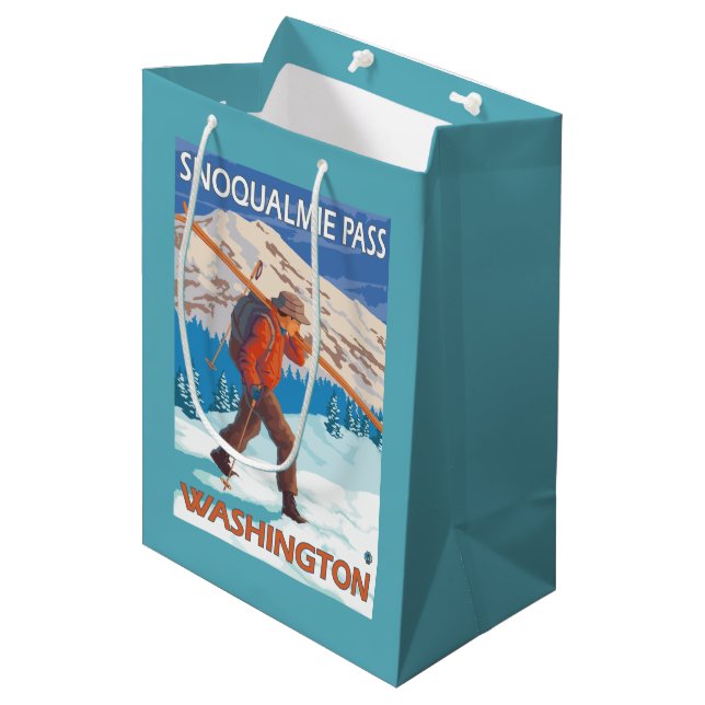 Skier Carrying Snow Skis - Snoqualmie Pass, WA Medium Gift Bag (Front Angled)