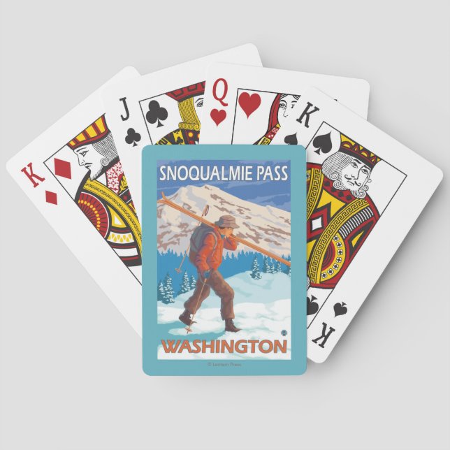 Skier Carrying Snow Skis - Snoqualmie Pass, WA Playing Cards (Back)