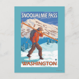 Skier Carrying Snow Skis - Snoqualmie Pass, WA Postcard
