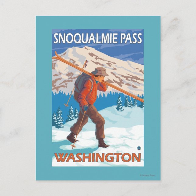 Skier Carrying Snow Skis - Snoqualmie Pass, WA Postcard (Front)