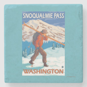 Skier Carrying Snow Skis - Snoqualmie Pass, WA Stone Coaster