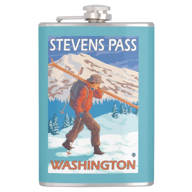 Skier Carrying Snow Skis - Stevens Pass, WA Hip Flask (Front)