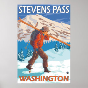 Skier Carrying Snow Skis - Stevens Pass, WA Poster