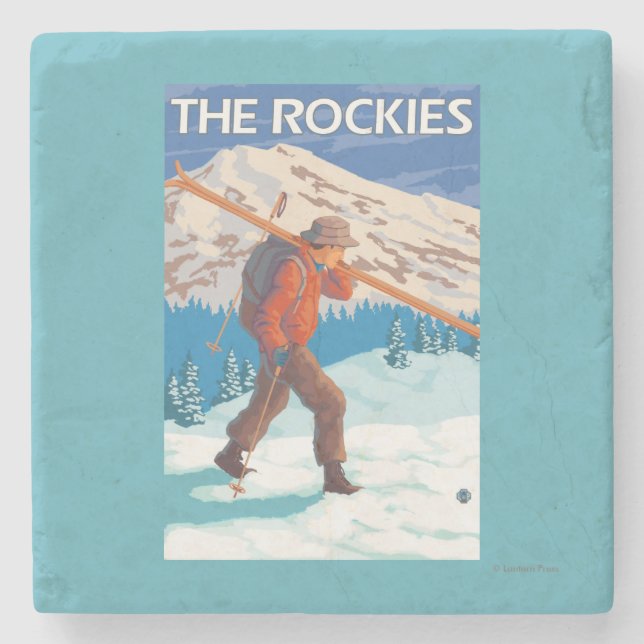 Skier Carrying Snow Skis - The Rockies Stone Coaster (Front)