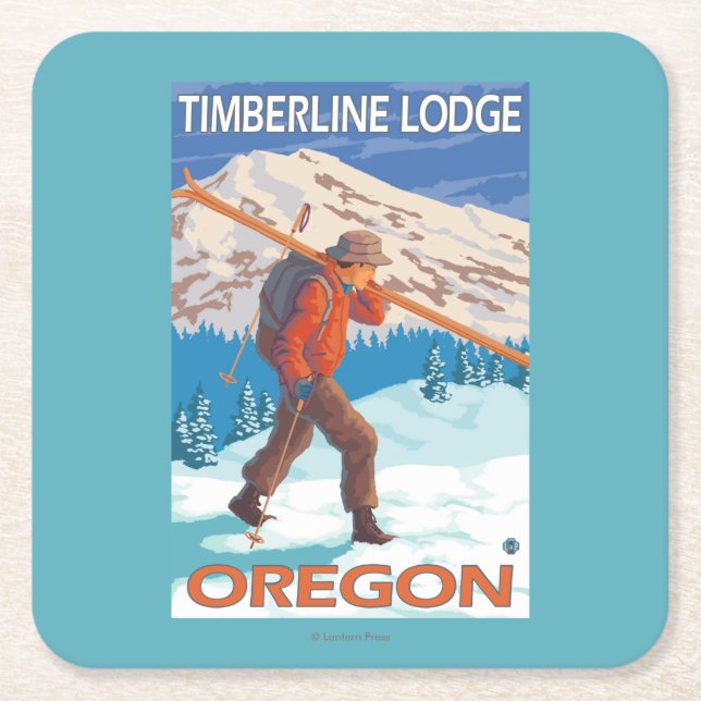Skier Carrying Snow Skis - Timberline Lodge, OR Square Paper Coaster (Front)