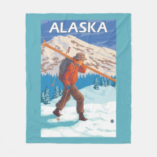 Skier Carrying Snow Skis- Vintage Travel 3 Fleece Blanket