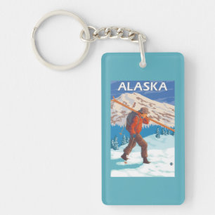 Skier Carrying Snow Skis- Vintage Travel 3 Key Ring