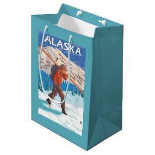 Skier Carrying Snow Skis- Vintage Travel 3 Medium Gift Bag