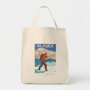 Skier Carrying Snow Skis- Vintage Travel 3 Tote Bag