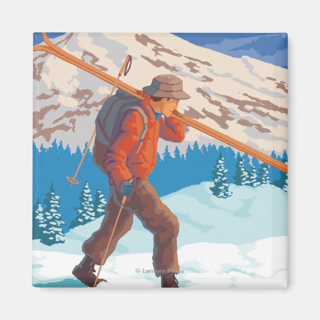 Skier Carrying Snow Skis- Vintage Travel Magnet (Front)