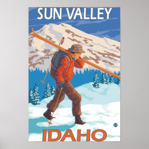 Skier Carrying Snow Skis- Vintage Travel Poster