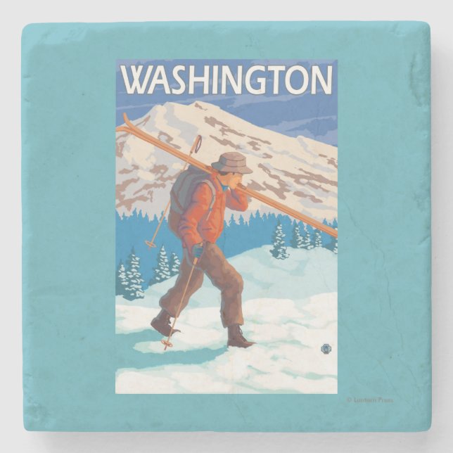 Skier Carrying Snow Skis - Washington Stone Coaster (Front)