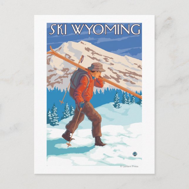 Skier Carrying Snow Skis - Wyoming Postcard (Front)