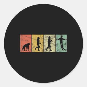 Skier Evolution Of Man Skiing Ski Funny Retro Vint Classic Round Sticker