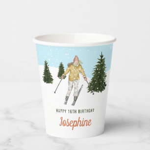 Skier Girl In Watercolor Fun Winter Birthday Party Paper Cups