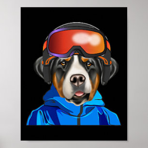 Skier Greater Swiss Mountain Dog Snowboarding Pock Poster