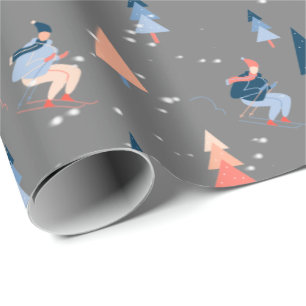Skier In Snowflakes On Grey Wrapping Paper