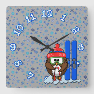 skier owl square wall clock