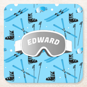 Skier Personalised Skiing Themed Blue Apres Ski Square Paper Coaster