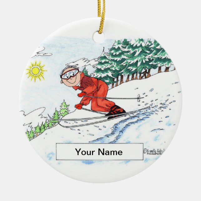 Skier, Snow - Male Ceramic Tree Decoration (Front)