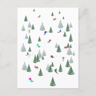 Skiers and Deer Winter Sport Vacation Holiday Postcard