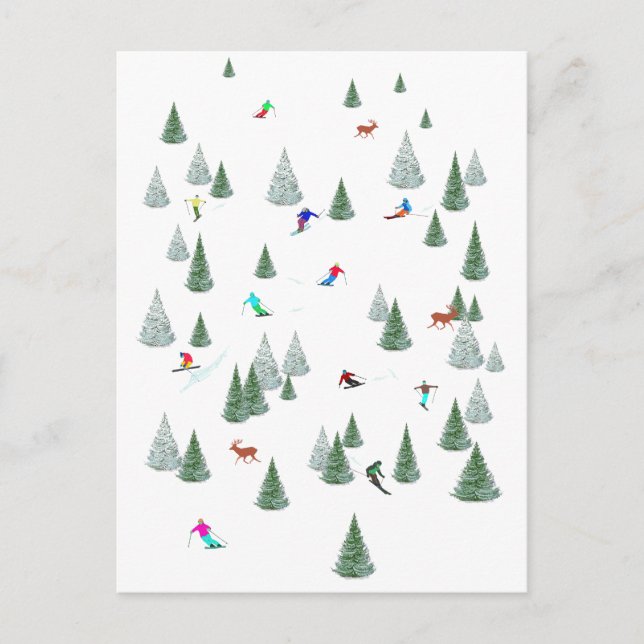 Skiers and Deer Winter Sport Vacation   Holiday Postcard (Front)