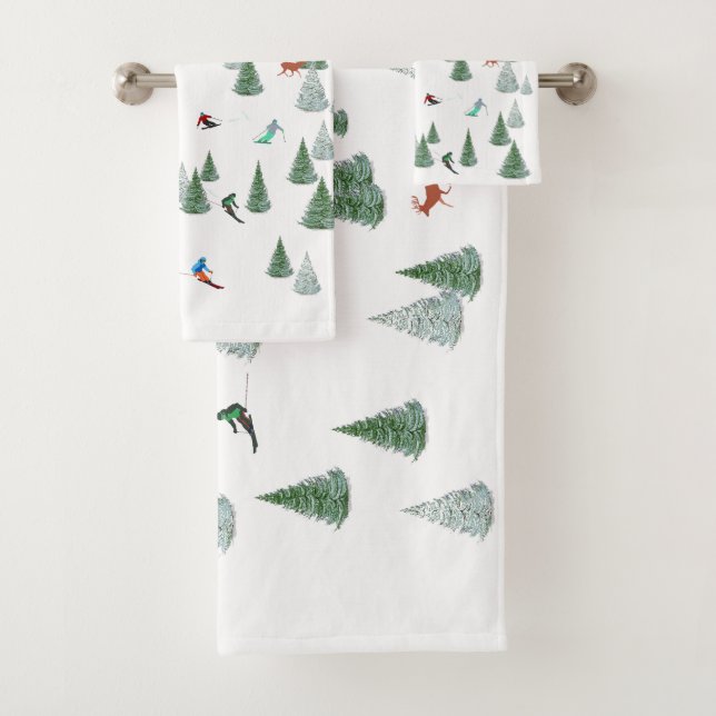 Skiers Downhill Skiing Illustration  Bath Towel Set (Insitu)