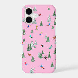 Skiers Downhill Skiing Illustration Pink