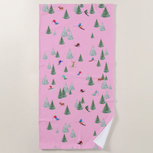 Skiers Downhill Skiing Illustration Pink Beach Towel
