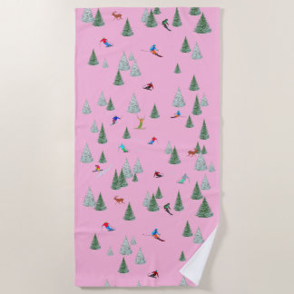 Skiers Downhill Skiing Illustration Pink Beach Towel