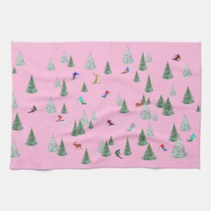 Skiers Downhill Skiing Illustration Pink Tea Towel