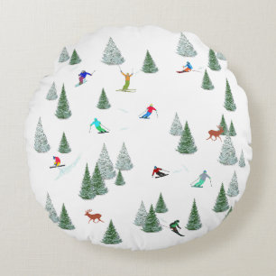 Skiers Downhill Skiing Illustration Round Cushion